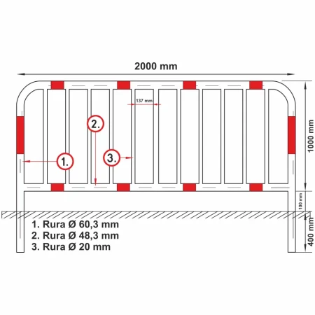 Balustrada szczeblinkowa U-11a 2000x1000 mm z folią odblaskową: solidna, trwała bariera chodnikowa. Idealna do zabezpieczenia pieszych i zwiększenia widoczności. Wysoka jakość, łatwy montaż