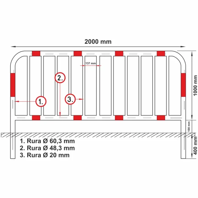 Balustrada szczeblinkowa U-11a 2000x1000 mm z folią odblaskową: solidna, trwała bariera chodnikowa. Idealna do zabezpieczenia pieszych i zwiększenia widoczności. Wysoka jakość, łatwy montaż