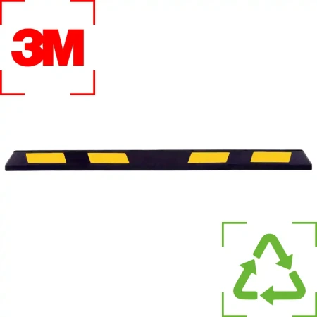 Czarny separator parkingowy 3M z żółtymi odblaskami, wykonany z materiałów recyklingowych. Idealny do organizacji przestrzeni parkingowych, zwiększa bezpieczeństwo i widoczność. Ekologiczny wybór dla Twojego parkingu.