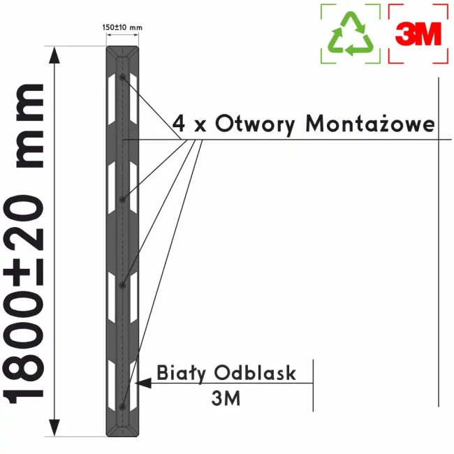 Schemat techniczny separatora drogowego 3M, widok z góry. Wymiary, 8 odblasków, 4 otwory montażowe. Idealny do organizacji ruchu, zwiększa bezpieczeństwo. Wykonany z materiałów recyklingowych, trwały i widoczny