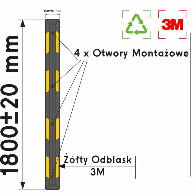 Długi separator drogowy (1800 mm) z żółtymi odblaskami 3M, widok z góry. Idealny do organizacji ruchu i bezpieczeństwa. Wykonany z materiałów recyklingowych, z otworami montażowymi. Poprawia widoczność i porządek na drodze