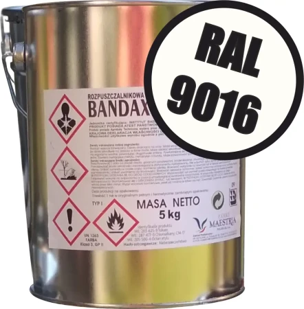 Biała farba drogowa BANDAX SPRINT RAL 9016 5 kg do znakowania, trwała i widoczna. Idealna do linii, pasów, oznaczeń. Wysoka jakość, bezpieczeństwo. Zwiększ widoczność dróg z BANDAX.