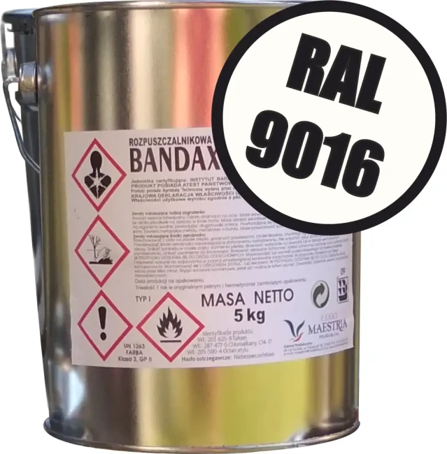 Biała farba drogowa BANDAX SPRINT RAL 9016 5 kg do znakowania, trwała i widoczna. Idealna do linii, pasów, oznaczeń. Wysoka jakość, bezpieczeństwo. Zwiększ widoczność dróg z BANDAX.