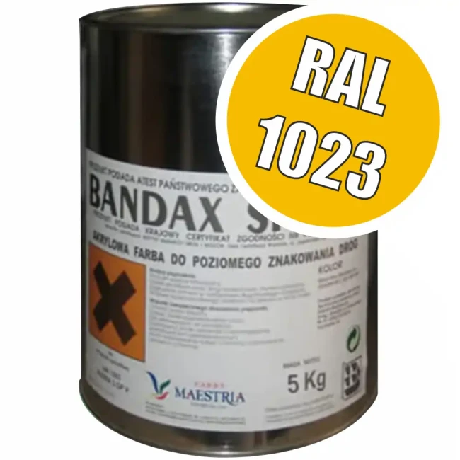 Żółta farba drogowa BANDAX SPRINT 3L (5 kg). Akrylowa farba do poziomego znakowania dróg. Wysoka widoczność, trwałość i odporność na ścieranie. Idealna dla dróg, parkingów, magazynów. Kup farbę drogową, znakowanie poziome, farby drogowe, farba akrylowa.