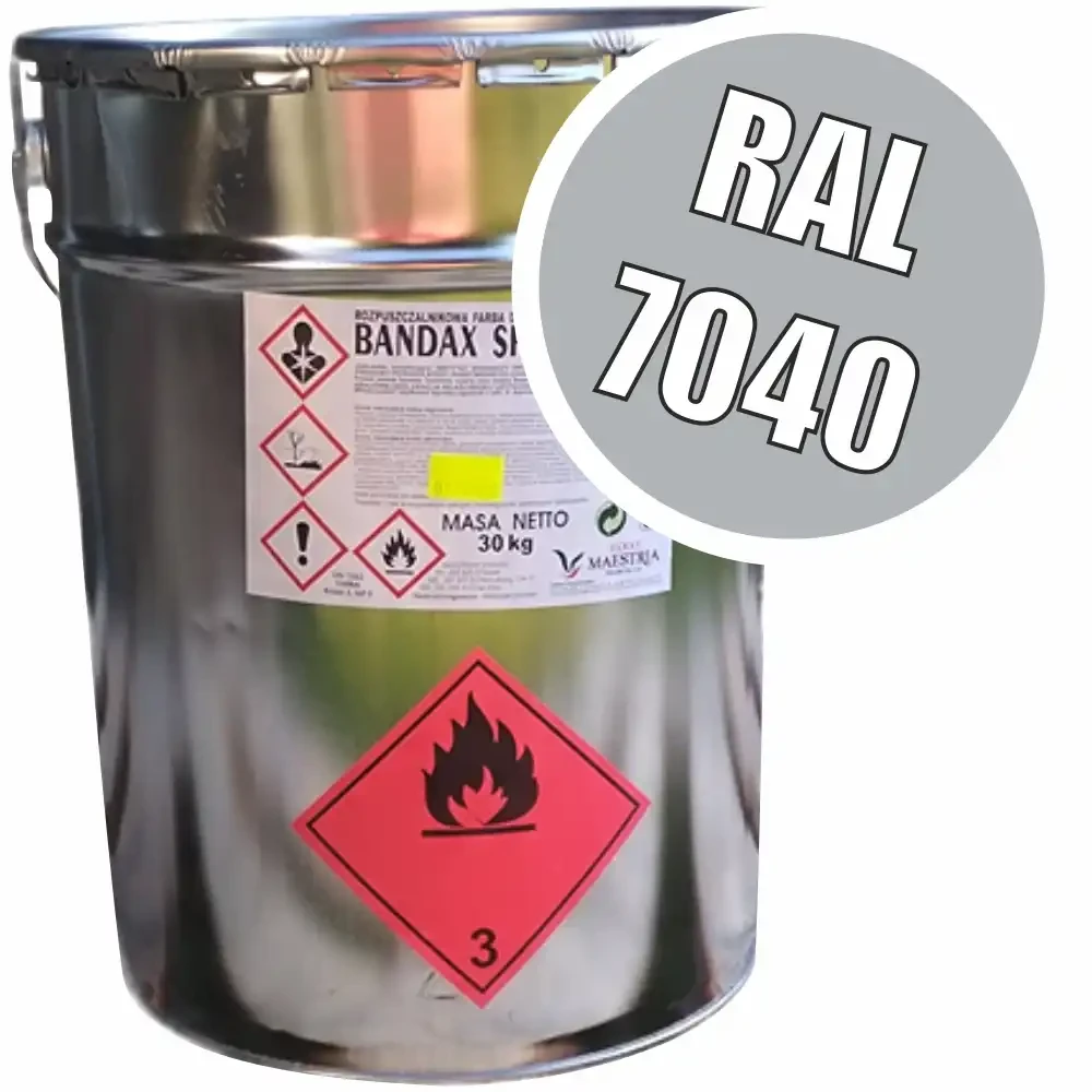 Farba drogowa BANDAX SPRINT 30 kg, RAL 7040. Wysokiej jakości, rozpuszczalnikowa farba do poziomego znakowania dróg. Idealna do trwałego malowania asfaltu i betonu. Szybkoschnąca i odporna na ścieranie