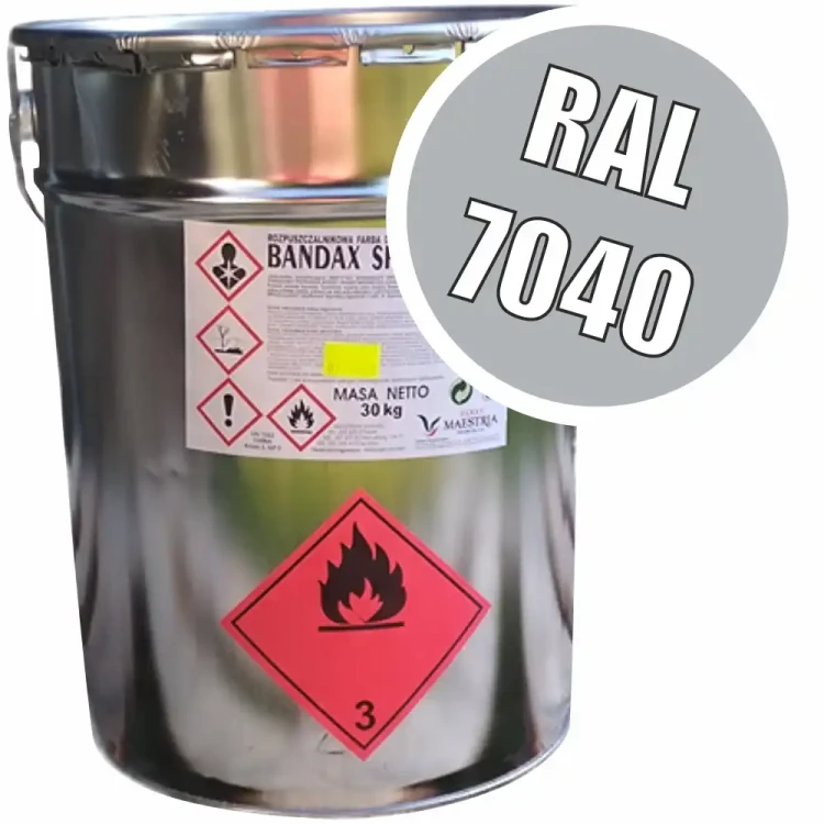 Farba drogowa BANDAX SPRINT 30 kg, RAL 7040. Wysokiej jakości, rozpuszczalnikowa farba do poziomego znakowania dróg. Idealna do trwałego malowania asfaltu i betonu. Szybkoschnąca i odporna na ścieranie