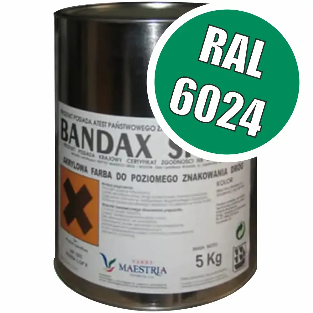 Zielona farba drogowa Bandax Sprint 5 kg RAL 6024 – idealna do trwałego oznakowania oznakowania dróg. Wysokiej jakości, akrylowa farba. Zwiększ widoczność i bezpieczeństwo z farbą Bandax Sprint