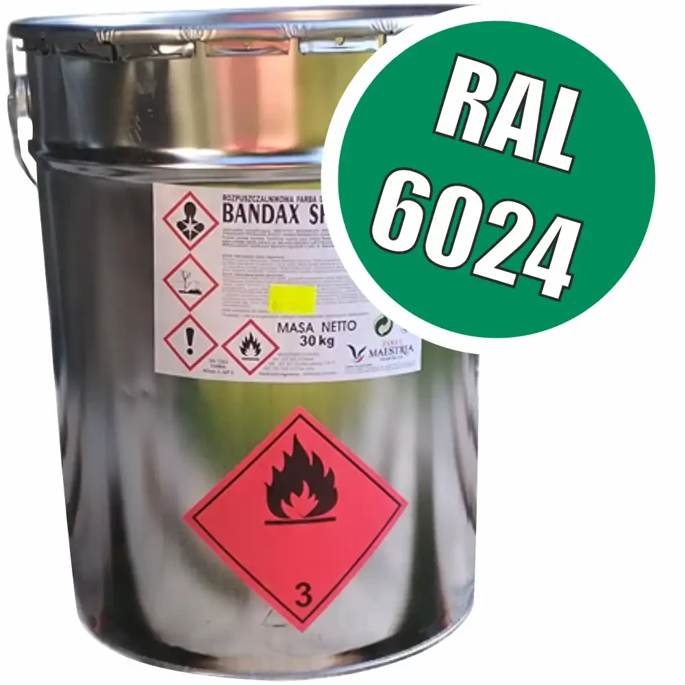 Farba drogowa BANDAX SPRINT RAL 6024 zielony. Profesjonalna, szybkoschnąca farba do znakowania poziomego dróg, parkingów i hal, opakowanie 30 kg. Etykieta z oznaczeniami bezpieczeństwa i piktogramem łatwopalności.