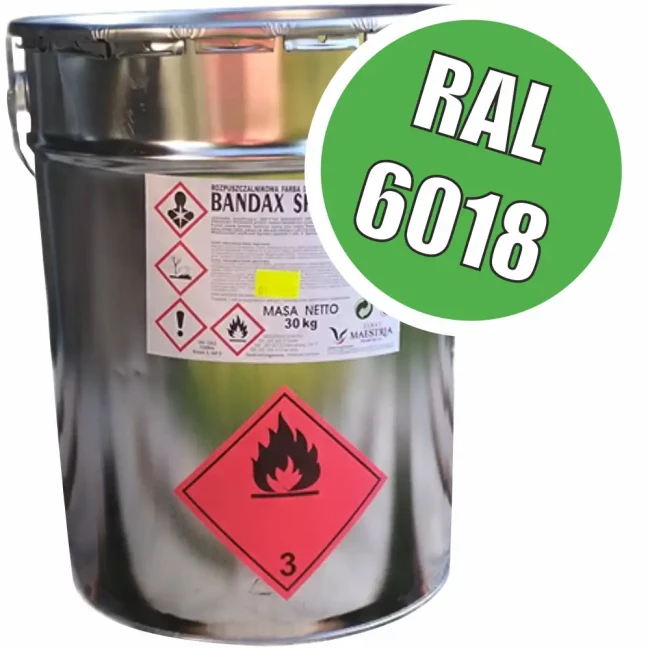 Farba drogowa BANDAX SPRINT Zielona RAL 6018 20L/30KG w metalowej puszce. Szybkoschnąca farba do oznakowania poziomego dróg, parkingów, placów. Trwała i odporna na ścieranie. Idealna do znakowania poziomego w kolorze zielonym.