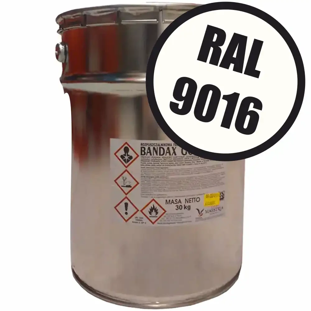 Farba drogowa BANDAX GOLD Biała RAL 9016 30kg, puszka 20 litrów. Wysokiej jakości farba rozpuszczalnikowa do oznakowania poziomego dróg. Duże opakowanie