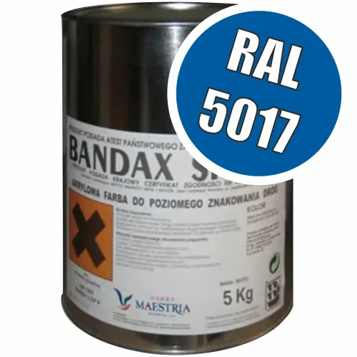 Farba drogowa BANDAX SPRINT niebieska RAL 5017 3L/5 kg. Wysokiej jakości akrylowa farba do poziomego znakowania dróg. Trwała, odporna na ścieranie, idealna do oznaczania parkingów, magazynów i ciągów komunikacyjnych. Zwiększ widoczność i bezpieczeństwo