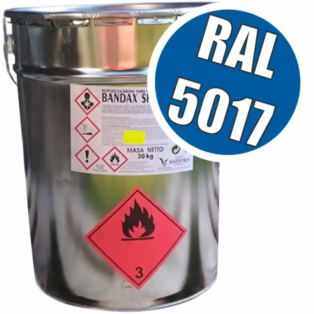 Farba drogowa BANDAX SPRINT 30 kg, chemoutwardzalna, niebieski kolor RAL 5017 – idealna do trwałego poziomego oznakowania nawierzchni. Wysokiej jakości masa do malowania pasów i symboli