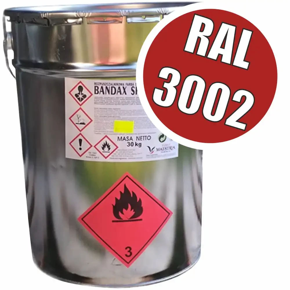 Czerwona RAL 3002  farba drogowa Bandax Sprint 30 kg, akrylowa, do poziomego znakowania dróg. Wysokiej jakości produkt dla profesjonalnego malowania oznakowania poziomego. Zwiększ widoczność i bezpieczeństwo z farbami Bandax