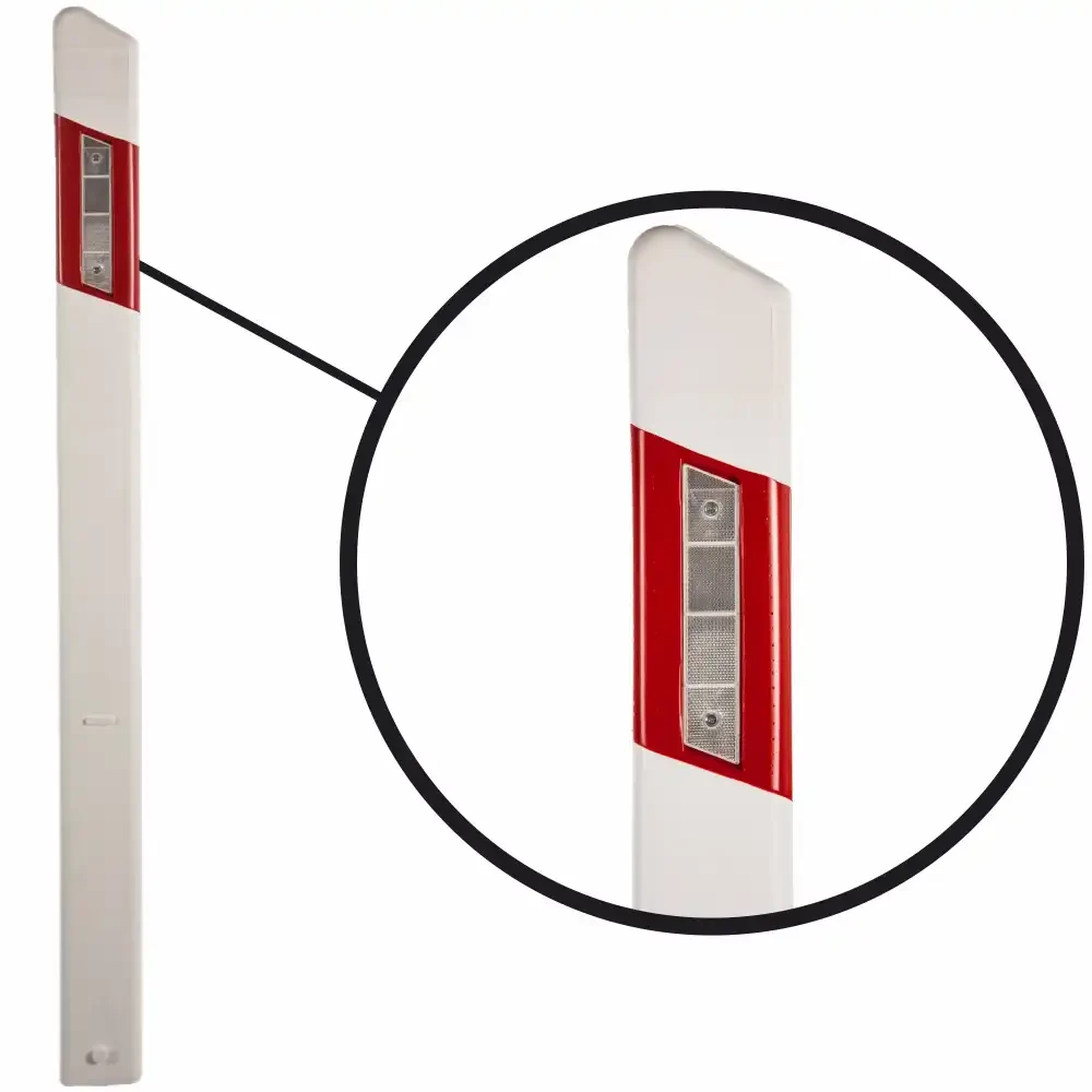 Słupek prowadzący U-1a, biały, z odblaskowymi czerwonymi pasami. Trwały, wykonany z tworzywa sztucznego, odporny na warunki atmosferyczne. Idealny do oznakowania dróg, parkingów i terenów przemysłowych. Zwiększa bezpieczeństwo i widoczność