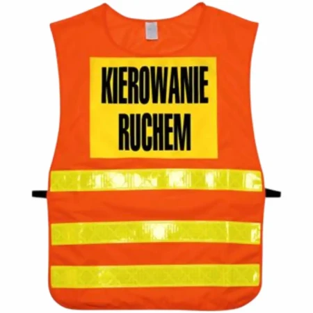 Pomarańczowa kamizelka odblaskowa z napisem "Kierowanie Ruchem" jest niezbędna dla osób odpowiedzialnych za bezpieczeństwo na drodze. Idealna dla policjantów, pracowników budowlanych i służb drogowych, gwarantuje maksymalną widoczność i ochronę