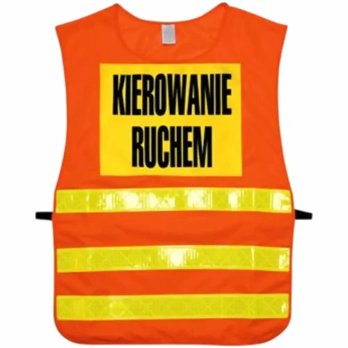 Pomarańczowa kamizelka odblaskowa z napisem "Kierowanie Ruchem" jest niezbędna dla osób odpowiedzialnych za bezpieczeństwo na drodze. Idealna dla policjantów, pracowników budowlanych i służb drogowych, gwarantuje maksymalną widoczność i ochronę