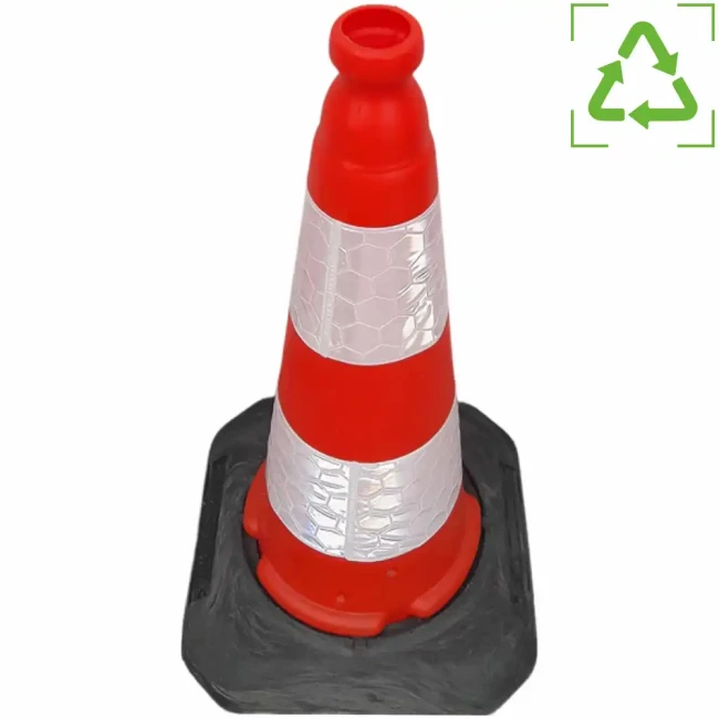 Pachołek drogowy U-23c, 50 cm, z dwoma odblaskowymi pasami Sealbrite. Stabilny stożek ostrzegawczy z recyklingu, idealny do znakowania robót drogowych, stref budowy i parkingów. Wysoka widoczność, wytrzymała, czarna podstawa. Sprzęt BHP JSP