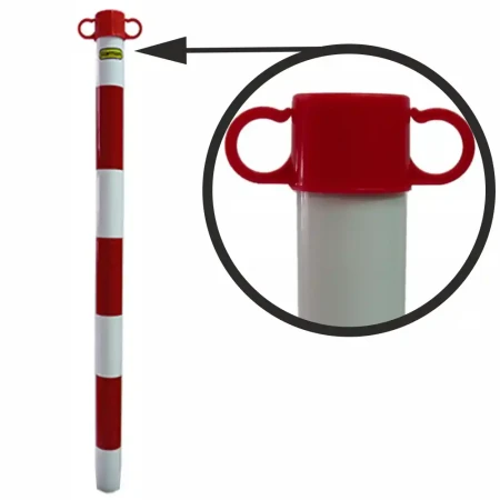 Słupek PCV 90 cm biało-czerwony, do tymczasowych ogrodzeń. Idealny do mocowania łańcucha, z czerwoną nakładką i dwoma uchwytami. Wytrzymały i widoczny, doskonały do ogradzania stref