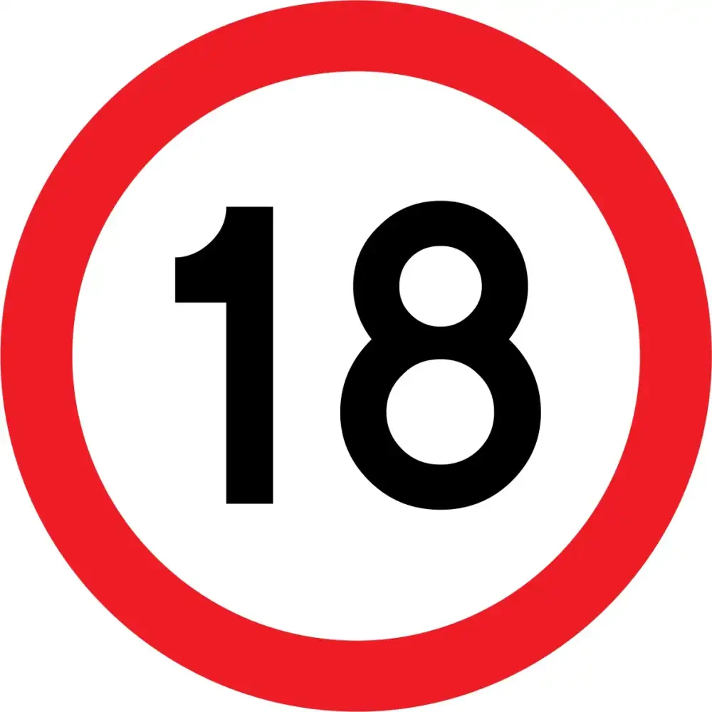 Okrągły, czerwony znak drogowy z czarną liczbą 18. Idealny na prezent z okazji 18 urodzin, dekorację lub rekwizyt na imprezę. Dostępny w różnych rozmiarach i wariantach. Doskonały upominek dla dorosłych