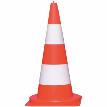 Pachołek drogowy PCV U-23c 75 cm, pomarańczowo-czerwony z dwoma białymi pasami ostrzegawczymi. Lekki i trwały stożek drogowy z PCV, zintegrowany z podstawą. Idealny do oznakowania tymczasowego i stref wyłączonych z ruchu. Sprzęt BHP drogowy