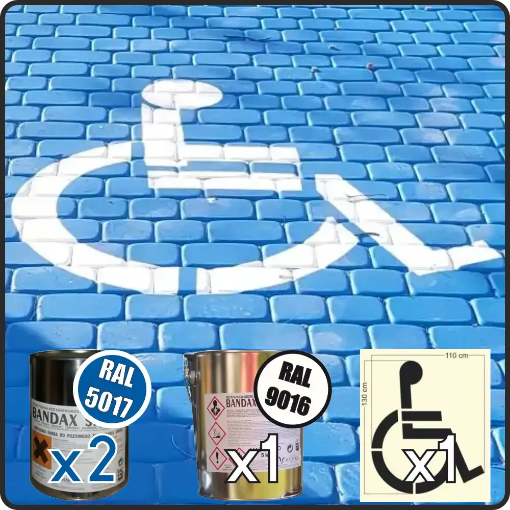 Zestaw do oznakowania parkingu dla niepełnosprawnych. Szablon malarski symbolu dostępności 130x110 cm oraz farba drogowa Bandax w kolorach niebieskim RAL 5017 i białym RAL 9016 do malowania kopert parkingowych na kostce brukowej.
