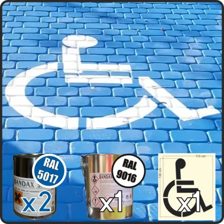 Zestaw do oznakowania parkingu dla niepełnosprawnych. Szablon malarski symbolu dostępności 130x110 cm oraz farba drogowa Bandax w kolorach niebieskim RAL 5017 i białym RAL 9016 do malowania kopert parkingowych na kostce brukowej.