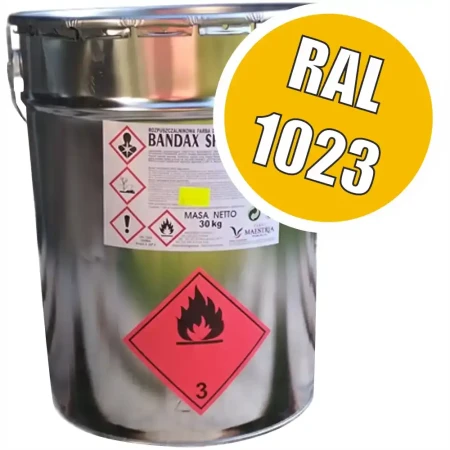 Farba drogowa BANDAX SPRINT 30 kg w kolorze RAL 1023 (żółty sygnałowy).  Szybkoschnąca farba akrylowa do tymczasowego oznakowania poziomego oraz oznakowania poziomego w magazynach i strefach przemysłowych