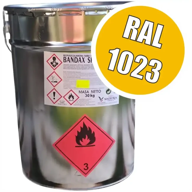 Farba drogowa BANDAX SPRINT 30 kg w kolorze RAL 1023 (żółty sygnałowy).  Szybkoschnąca farba akrylowa do tymczasowego oznakowania poziomego oraz oznakowania poziomego w magazynach i strefach przemysłowych