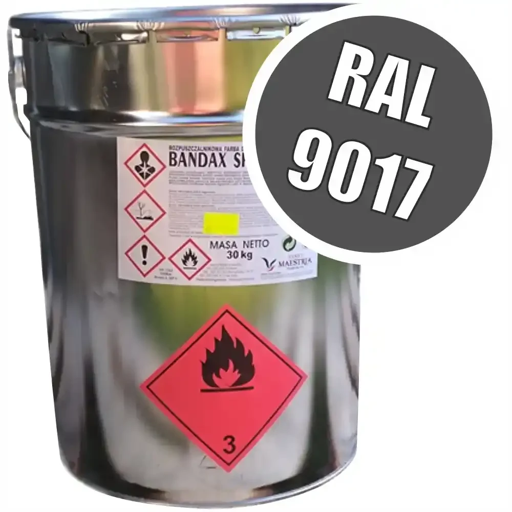 Farba drogowa BANDAX SPRINT 30 kg, RAL 9017 (Ciemnoczarny). Wysokiej jakości, szybkoschnąca farba do likwidacji/maskowania starego oznakowania poziomego, oznakowania poziomego kontrastowego, znakowania na terenach innych niż publiczne drogi