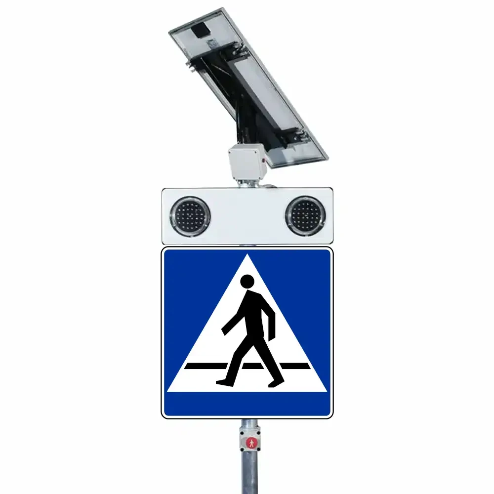 Aktywny znak D-6 przejście dla pieszych solarne LED. Znak drogowy z dwoma pulsującymi światłami ostrzegawczymi LED o średnicy 200 mm, zasilany panelem fotowoltaicznym 45W. Poprawia bezpieczeństwo i widoczność na drodze. Idealny dla gminy