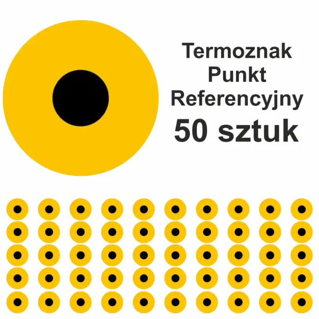 Termoznak Punkt Referencyjny 50 sztuk, żółty, czarny środek. Trwałe oznakowanie poziome drogowe, geodezyjne, pomiarowe. Termoplastyczny znacznik referencyjny 200x200 mm. Sprzedaż zestawu 50 szt