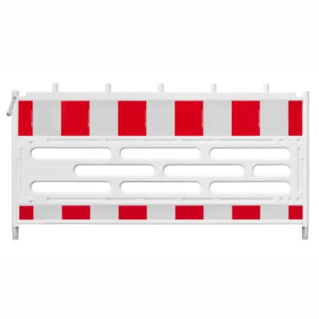 Bariera drogowa TL U-20a (210 cm) z HDPE. Biało-czerwona zapora z odblaskami do tymczasowego wygrodzenia robót drogowych i budowlanych. Wzmocniona stalą bariera ochronna z 5 czopami na lampy ostrzegawcze. Najwyższa jakość i bezpieczeństwo