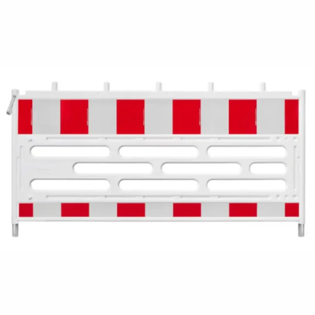 Bariera drogowa TL U-20a (210 cm) z HDPE. Biało-czerwona zapora z odblaskami do tymczasowego wygrodzenia robót drogowych i budowlanych. Wzmocniona stalą bariera ochronna z 5 czopami na lampy ostrzegawcze. Najwyższa jakość i bezpieczeństwo