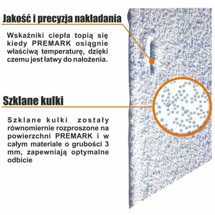 Wysokiej jakości termoznak PREMARK z wbudowanymi szklanymi kulkami i wskaźnikami ciepła, zapewniający precyzyjną aplikację i optymalne odbicie światła. Idealny do trwałego i wyraźnego oznakowania drogowego