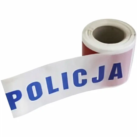 Taśma ostrzegawcza Policja 100m – profesjonalna biało-czerwona taśma barierowa z niebieskim napisem POLICJA do zabezpieczania miejsca zdarzenia, wypadków drogowych i stref zastrzeżonych. Długość 100 metrów, szerokość 8 cm