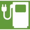 Znak symbolizujący stację ładowania samochodów elektrycznych (EV), duży piktogram słupka ładowania i wtyczki na zielonym tle RAL 6018. Poziomy znak termoplastyczny w technologii Premark dla kierowców pojazdów elektrycznych