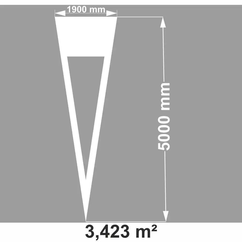 Termoznak P-15 Trójkąt Podporządkowania. Oznakowanie poziome dróg, o wymiarach 1900 mm szerokości i 5000 mm wysokości. Powierzchnia 3,423 m². Służy do oznakowania wlotów podporządkowanych. Prefabrykowany termoplast PREMARK