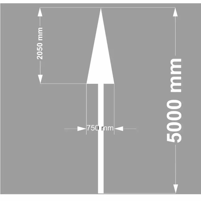 Termoznak P-8a "Strzałka Kierunkowa na Wprost" z wymiarami: 5000x750 mm. Grafika techniczna oznakowania poziomego PREMARK™, prezentująca szczegółowe wymiary trwałej strzałki drogowej