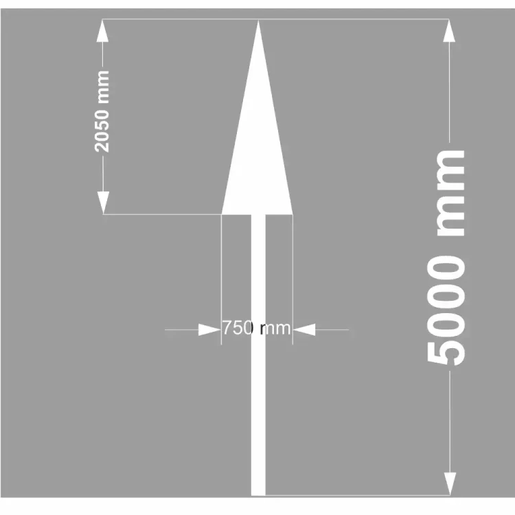 Termoznak P-8a "Strzałka Kierunkowa na Wprost" z wymiarami: 5000x750 mm. Grafika techniczna oznakowania poziomego PREMARK™, prezentująca szczegółowe wymiary trwałej strzałki drogowej