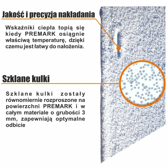 Wysokiej jakości termoznak PREMARK z wbudowanymi szklanymi kulkami i wskaźnikami ciepła, zapewniający precyzyjną aplikację i optymalne odbicie światła. Idealny do trwałego i wyraźnego oznakowania drogowego