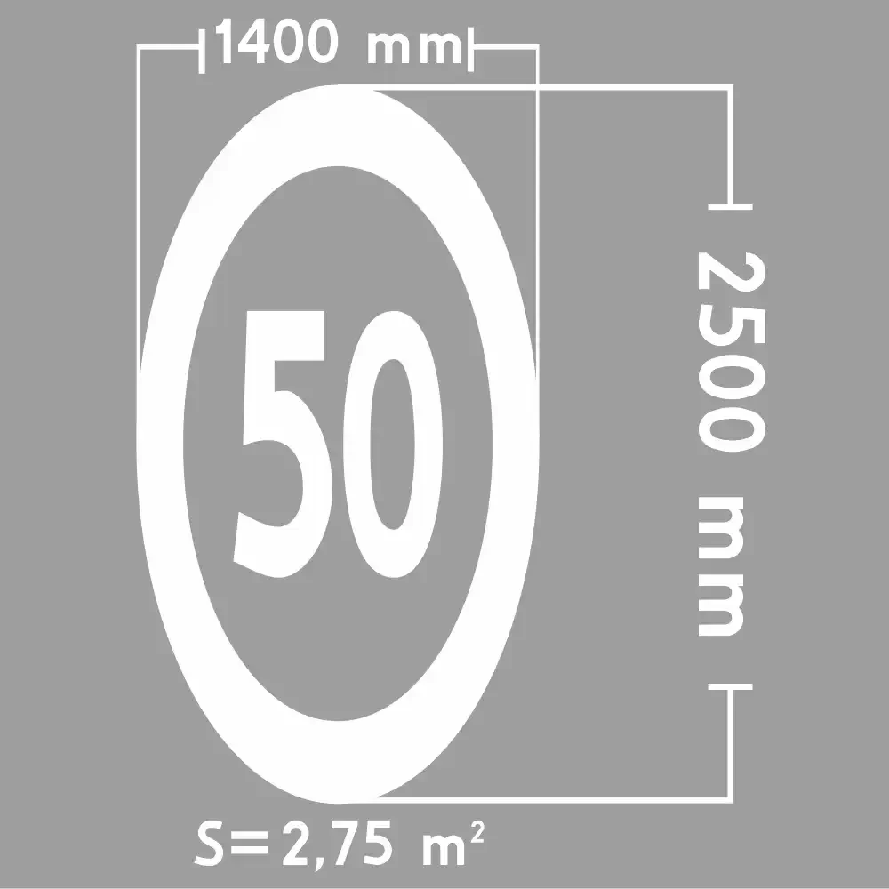 Zdjęcie przedstawia termoznak B-33 Ograniczenie Prędkości do 50 km/h o wymiarach 2500x1400 mm i powierzchni 2,75 m². Wizualizacja prefabrykowanego znaku drogowego z tworzywa termoplastycznego, idealnego do trwałego oznakowania poziomego na drogach
