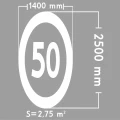 Zdjęcie przedstawia termoznak B-33 Ograniczenie Prędkości do 50 km/h o wymiarach 2500x1400 mm i powierzchni 2,75 m². Wizualizacja prefabrykowanego znaku drogowego z tworzywa termoplastycznego, idealnego do trwałego oznakowania poziomego na drogach