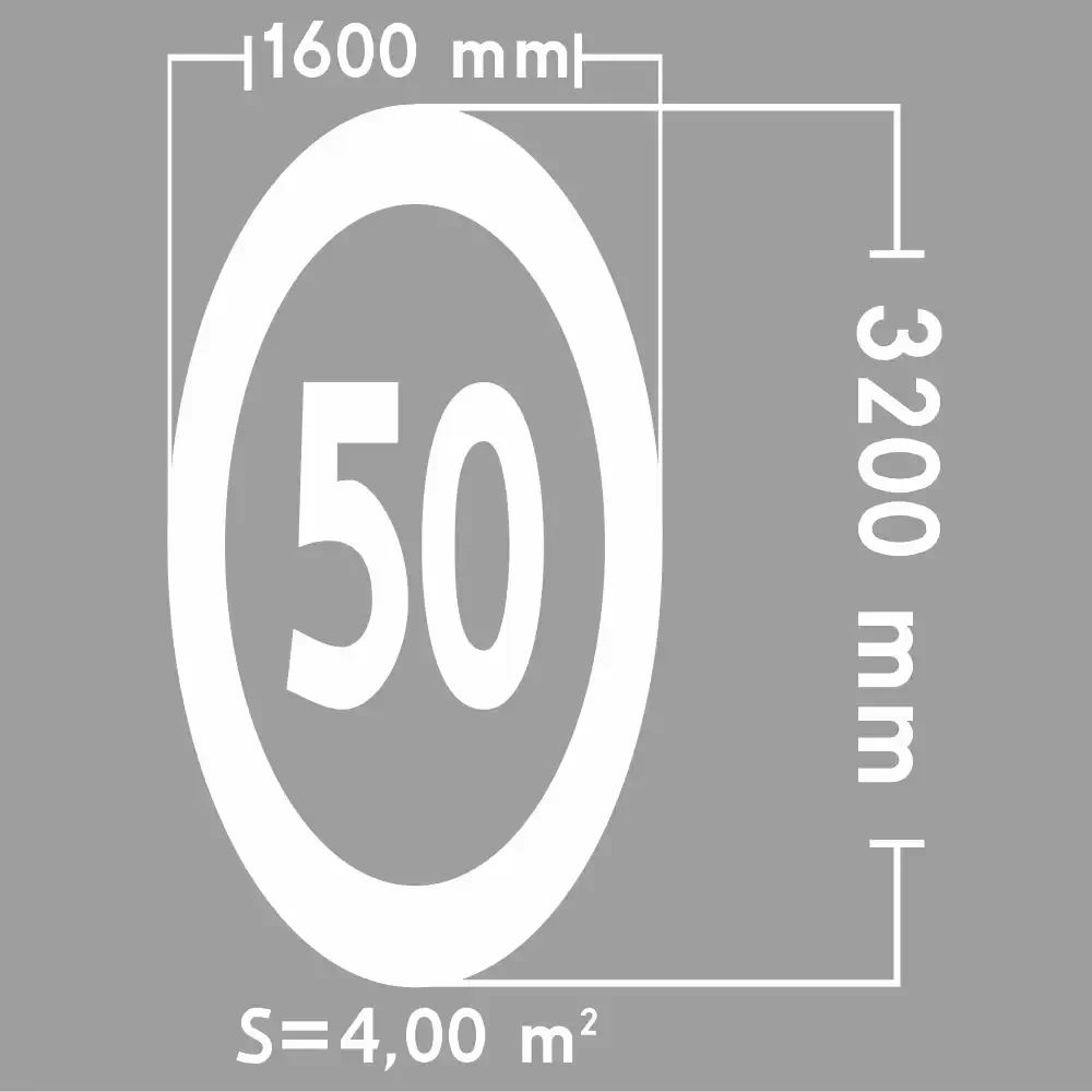 Termoznak B-33 Ograniczenie Prędkości 50, biała elipsa 3200x1600 mm, oznakowanie poziome termoplastyczne. Duży symbol prędkości 50 km/h do dróg miejskich, zwiększający bezpieczeństwo ruchu. Wysokiej jakości termoplast PREMARK o powierzchni 4 m².