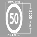 Termoznak B-33 Ograniczenie Prędkości 50, biała elipsa 3200x1600 mm, oznakowanie poziome termoplastyczne. Duży symbol prędkości 50 km/h do dróg miejskich, zwiększający bezpieczeństwo ruchu. Wysokiej jakości termoplast PREMARK o powierzchni 4 m².