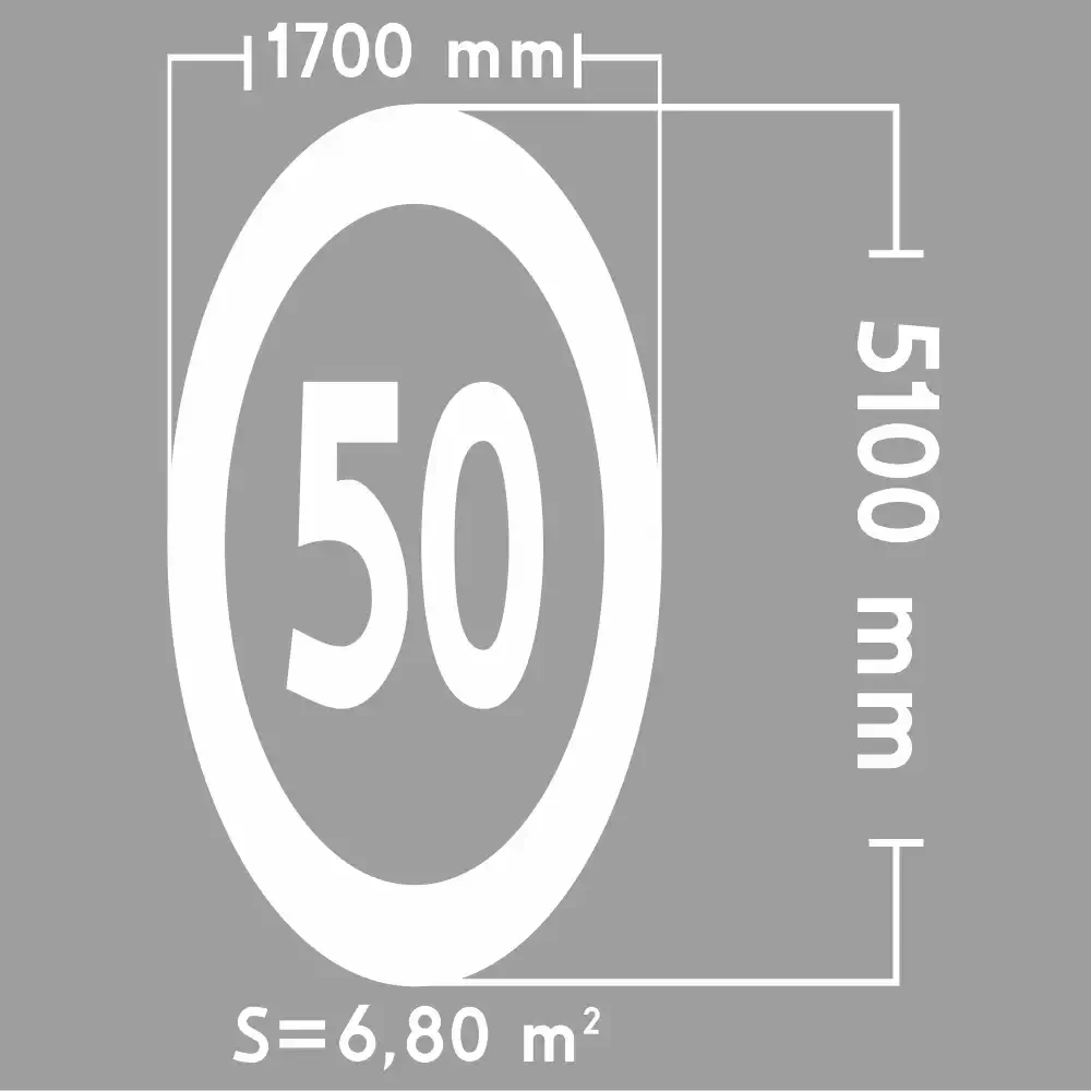 Termoznak B-33 Ograniczenie Prędkości, biały znak poziomy, wymiary 5100x1700 mm, powierzchnia 6.8 m². Termoplastyczne oznakowanie drogowe do dróg pozamiejskich. Wysoka trwałość, odblaskowość, łatwa aplikacja. Poprawa bezpieczeństwa ruchu