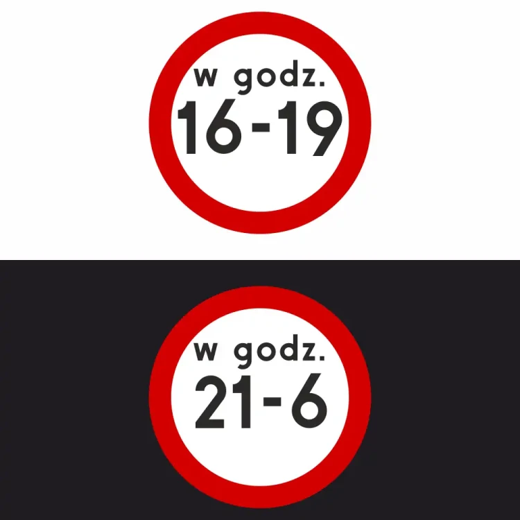 Znaki drogowe B-1 informujące o godzinach obowiązywania zakazu ruchu w obu kierunkach. Czerwone koła z białym środkiem i czarnym tekstem: w godz. 16-19, oraz: w godz. 21-6. Oklejone folią I generacji, zwiększają czytelność i bezpieczeństwo na drodze