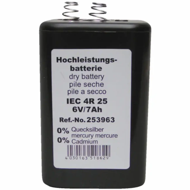 Bateria H4R25 6V/7Ah cynkowo-węglowa do lamp drogowych ostrzegawczych, zasilania elektryzatorów i urządzeń bezpieczeństwa. Wysoka pojemność 7Ah, bez rtęci i kadmu, długa żywotność