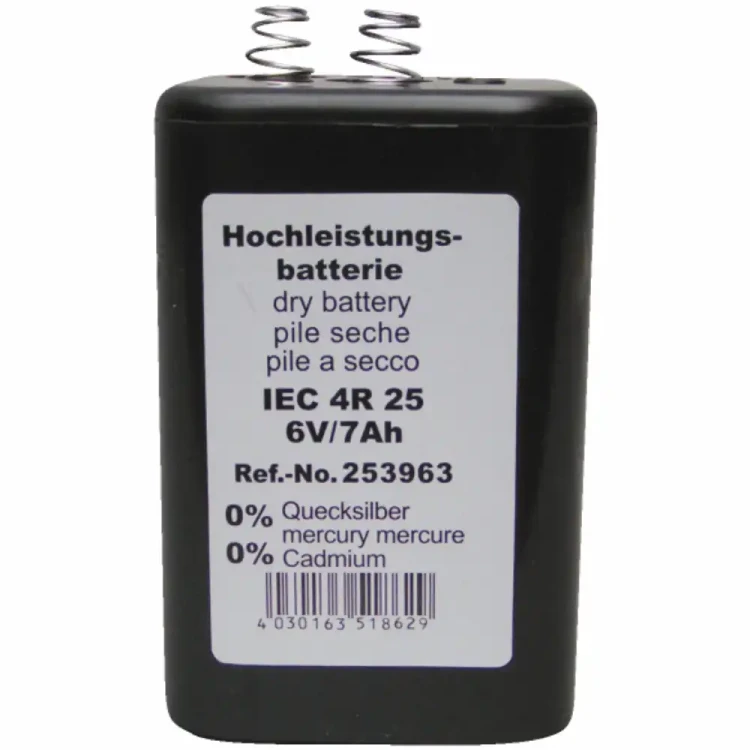 Bateria H4R25 6V/7Ah cynkowo-węglowa do lamp drogowych ostrzegawczych, zasilania elektryzatorów i urządzeń bezpieczeństwa. Wysoka pojemność 7Ah, bez rtęci i kadmu, długa żywotność