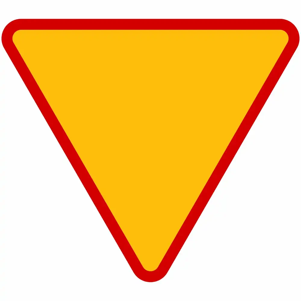 Znak drogowy A-7 „Ustąp pierwszeństwa” 1050 mm, duży, folia odblaskowa II generacji. Odwrócony żółty trójkąt z czerwoną obwódką. Kluczowy dla bezpieczeństwa ruchu, stosowany na drogach krajowych. Wysokiej jakości, zgodny z normami