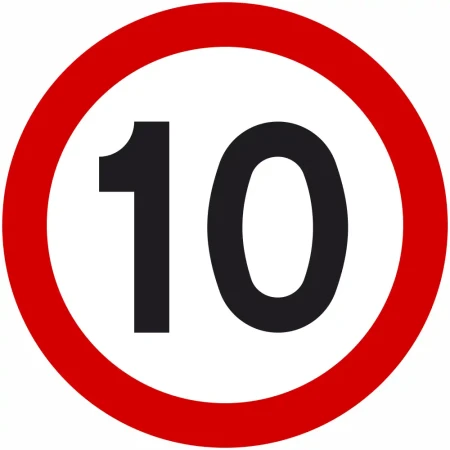 Znak drogowy B-33 ograniczenie prędkości do 10 km/h, średnica 400 mm, folia I generacji. Okrągły znak zakazu z czerwoną obwódką i czarną liczbą "10" na białym tle. Niezbędny znak do stref ruchu pieszego, parkingów i dróg wewnętrznych.